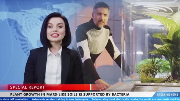 Female Anchor Commenting Breaking News Growing Plants Mars Bacteria Studio — 비디오