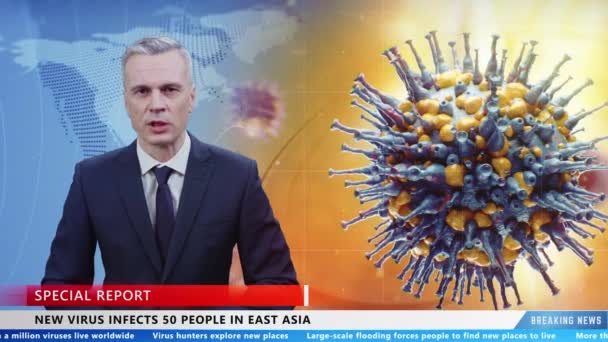 Male News Anchor Studio News Program Talks Spread Dangerous Virus — Stok Video