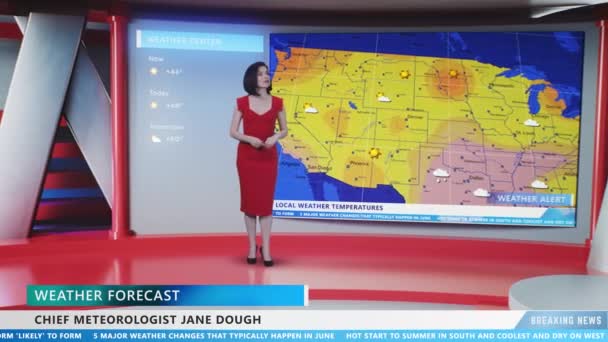 Female News Anchor Standing Digital Screen Map Television Studio Commenting — Αρχείο Βίντεο