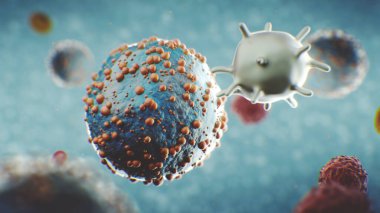 İnsan vücudundaki virüsün 3 boyutlu görüntülemesi kanda. Virüsün bakterinin emilimi bir insanı viral veya solunum yolu veya diğer bulaşıcı hastalıklardan tedavi etme süreci olarak algılanır..