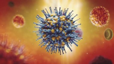 Eskiden 2019-nCoV olarak bilinen virüsün 3 boyutlu canlandırma konsepti mikroskop altında. Virüs insan vücudunda 19 numara. Orta hücrelerin virüsüne artan bir mikro elementin 3 boyutlu animasyonu.