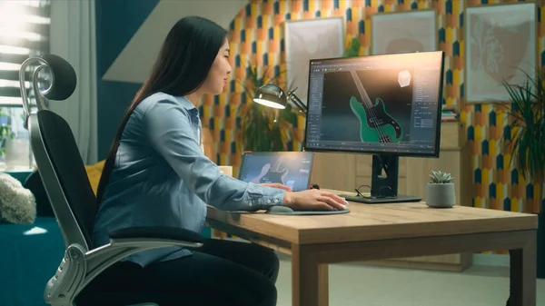 Mujer Asiática Diseñando Prototipo Bajo Eléctrico Utilizando Computadora Personal Moderna — Foto de Stock