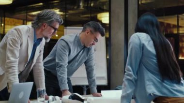 Çeşitli ofis çalışanları evrakları inceliyor, şirketin iş stratejisini tartışıyor, başlangıç projesi üzerinde çalışıyor. CEO konferans odasında iş toplantısına öncülük ediyor. Takım çalışması ve beyin fırtınası.