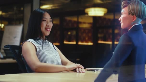 Videollamada Línea Reunión Chat Comunicación Holograma Virtual Una Mujer Asiática — Vídeos de Stock