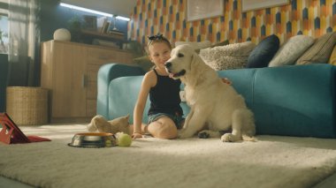 Yün tarayıp tarayan, köpek için saç stili yapan yumuşak halıda oturan, köpek yavrusu rahatlatan, birlikte boş zaman geçiren bir kız. Golden retriever.