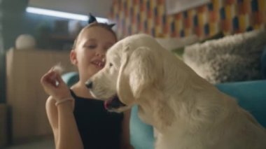 Genç kız köpekle oynuyor, gülümsüyor ve gülüyor, yumuşak halıda birlikte oturuyor, evde en iyi arkadaşıyla vakit geçiriyor. Golden retriever.