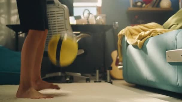 Boy Plays Football Carpet Alone His Room Kicking Ball Preparing — Stock Video