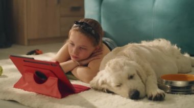 Genç kız film seyrediyor, yastığa sarılıyor, köpek uyuyor ve hafif bir halıda rüya seyrediyor, boş zamanlarını evde birlikte geçiriyorlar. Golden retriever.