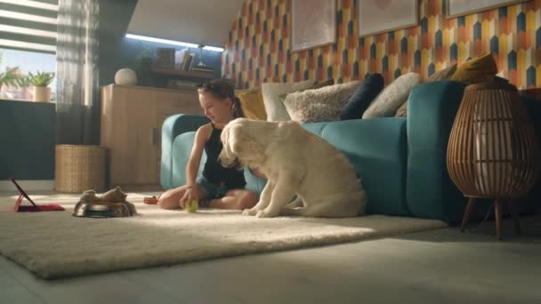 小女孩和狗一起玩玩具和球 坐在柔软的地毯上 喂小狗 和宠物聊天和玩乐 在家里消磨时光 黄金寻回者 — 图库视频影像