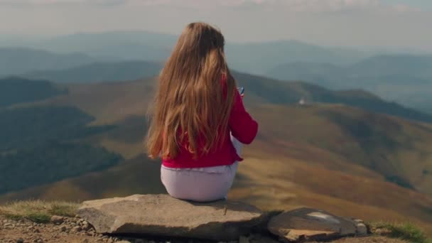 Young Girl Filming Landscape Beautiful Hills Valley Mountains Phone Sitting — Stock Video