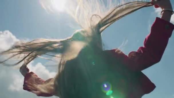 Young Girl Moves Long Hair Enjoying Flows Warm Wind Beautiful — Stock Video
