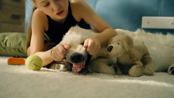 Jeune Fille Jouant Avec Bouche Chien Sur Tapis Doux Regardant — Photo