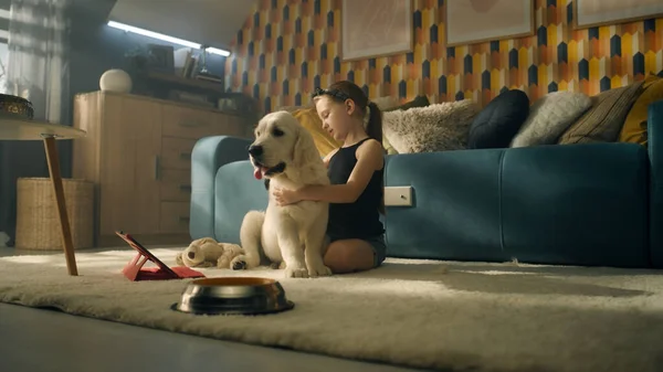 Jong Meisje Spelen Met Hond Met Speelgoed Bal Zitten Zacht — Stockfoto