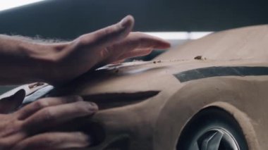 Erkek otomotiv tasarımcısının plasticine kilden çevre dostu araba modeli üzerinde çalışırken yakın plan çekimi. Yeni nesil elektrikli arabanın gelecekteki tasarımı. Modern araba tasarım stüdyosunda çalışıyorum..