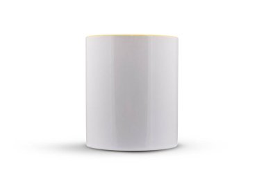 Beyaz arka planda sarı saplı beyaz kupa