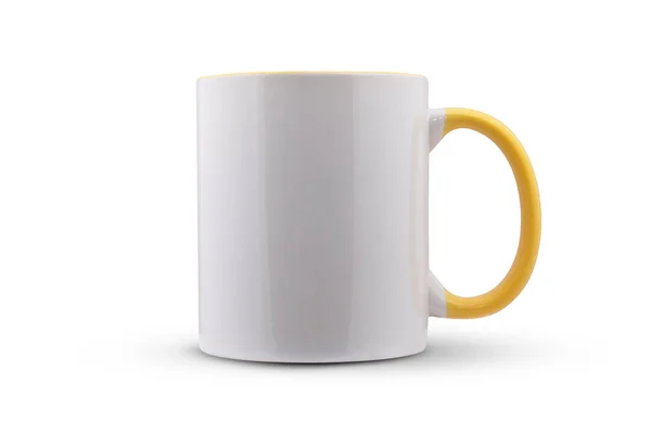 Caneca Branca Com Uma Alça Amarela Isolada Fundo Branco — Fotografia de Stock