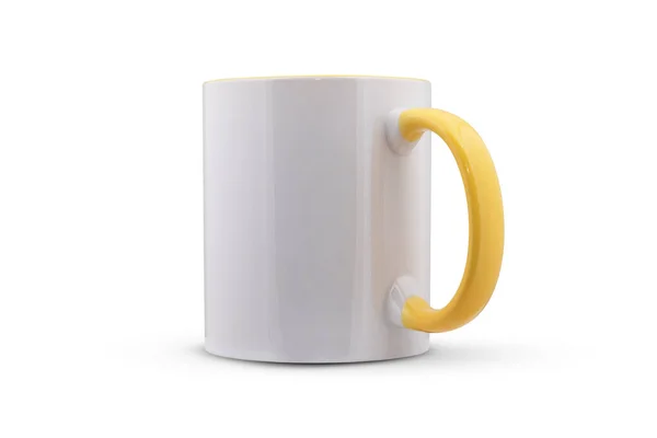 Caneca Branca Com Uma Alça Amarela Isolada Fundo Branco — Fotografia de Stock