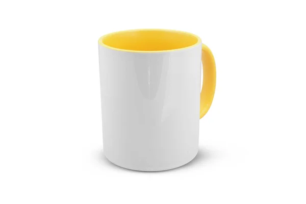 Tasse Blanche Avec Une Poignée Jaune Isolée Sur Fond Blanc — Photo