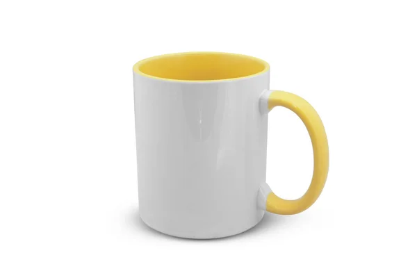 Tasse Blanche Avec Une Poignée Jaune Isolée Sur Fond Blanc — Photo