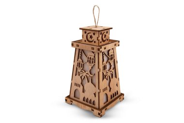 Beyaz arka planda izole edilmiş Ramazan ahşap feneri