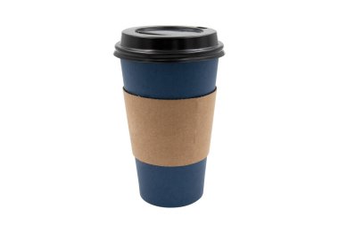 Beyaz arkaplanda izole edilmiş tek kullanımlık mavi kraft kağıt kahve fincanı.