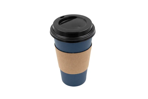 Leere Einweg Kaffeetasse Aus Blauem Kraftpapier Isoliert Auf Weißem Hintergrund — Stockfoto