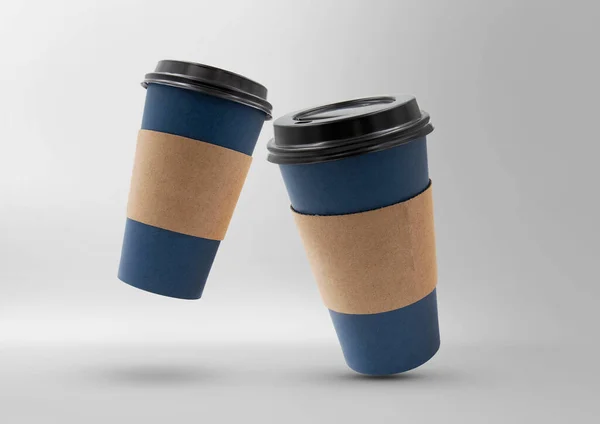 Leere Blaue Einweg Kraftpapier Kaffeetassen Attrappe — Stockfoto