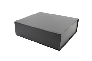 Black blank hard cardboard box isolated on white background