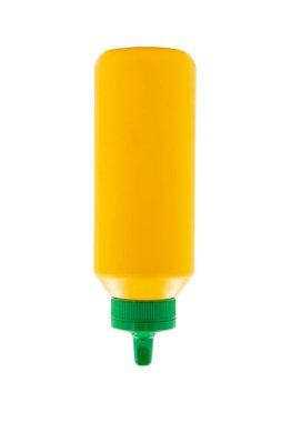 Beyaz arkaplanda izole edilmiş hardal için sarı sıkılmış plastik şişe