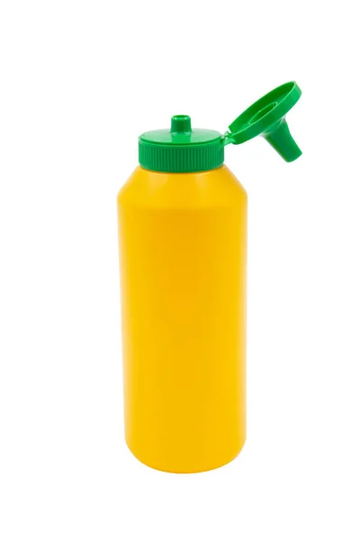Gele Knijp Plastic Fles Voor Mosterd Geïsoleerd Witte Achtergrond — Stockfoto