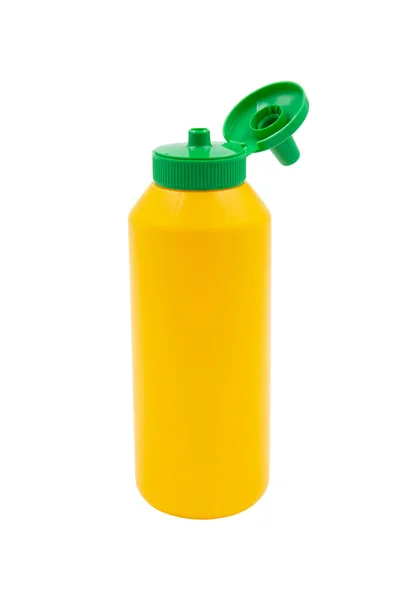 Garrafa Plástico Espremer Amarelo Para Mostarda Isolada Fundo Branco — Fotografia de Stock