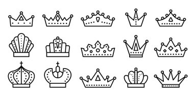 Crowns siyah çizgi simgesi seti. Krallık amblemi. Kraliyet hanedan unsuru. Prenses Ortaçağ işareti. Monarch boyama kitabı sayfa imparatorluk mücevher ödülü. Kral prens kraliçe tacı beyazlar içinde izole edilmiş