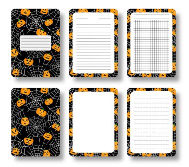 Cadılar Bayramı defter kapağı ve kapak sayfaları. Yıllık not defteri broşürü için fotokopi alanı şablonu şablonlu Rumpkin Spider web deseni. Korkunç ürkütücü planlayıcı kitapçık günlüğü baskısı