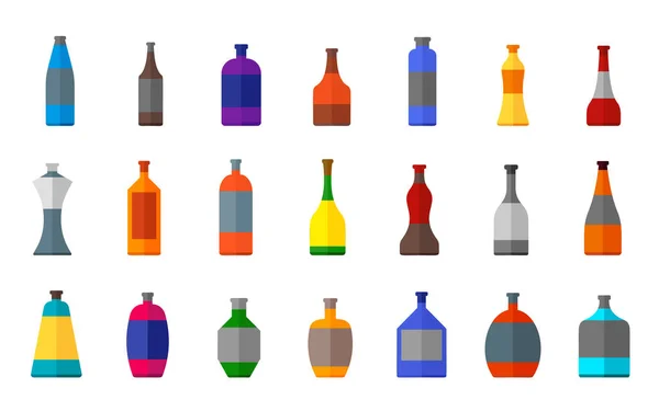Bottle Alcohol Beverage Flat Cartoon Icon Set Various Shapes Glass — Stock Vector