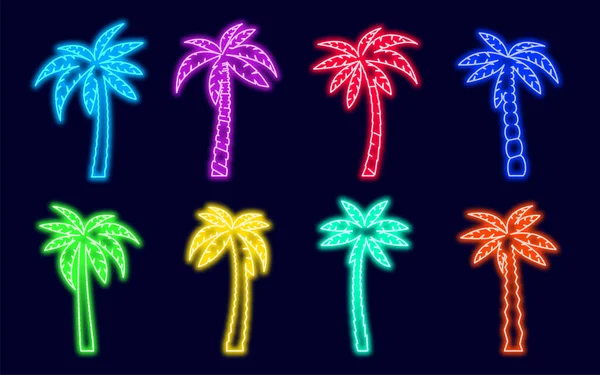 Palm Trees Neon Icon Set Tropical Palms Tree Billboard Bright — Stock Vector