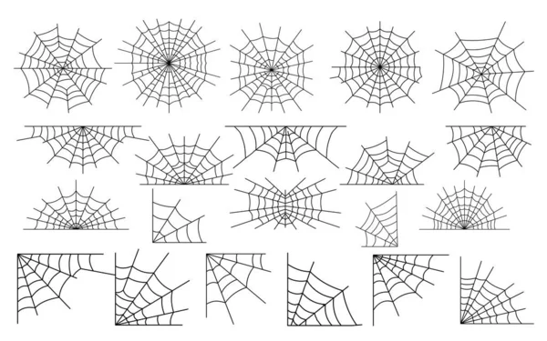 Σετ Ιστού Αράχνης Τρομακτική Διακόσμηση Περίγραμμα Spiderweb Απομονώνονται Λευκό Φόντο — Διανυσματικό Αρχείο