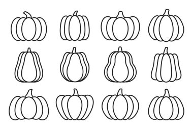 Balkabağı siyah çizgi simgeleri ayarlandı. Cadılar Bayramı tabela kiti. Şükran Günü piktogramı çiftlik hasadı yakın plan kabak sebzesi. Basit balkabağı çizgi film karakteri boyama kitabı sayfası beyaza izole edilmiş