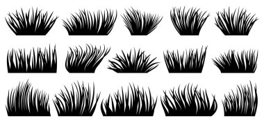 Çimenler doğal organik çimen siyah siluet seti. Biyolojik bitki çayırını kurun. Eko bitkisi taze çalılık beyaz arka planda farklı şekillerde bitkisel çim. Yeşillik, çizgi film yaprakları manzara sınırını terk ediyor