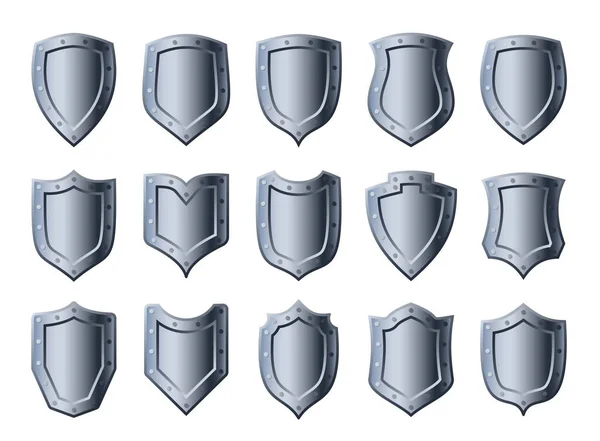 Escudos Metal Establecer Diferentes Formas Icono Metálico Seguridad Símbolo Seguridad Vectores de stock libres de derechos