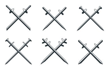 Kılıç karikatür düz simge setini çaprazladı. Silah ortaçağ izole edilmiş keskinlikte. Eski bir askeri işaret. Savaş amblem ordusu. Savaş çizgi filmi işareti. Antika tasarım kılıçları. Bıçak antika koleksiyonu