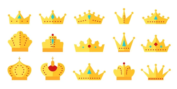 Krone Gold Flach Icon Set Vorhanden König Majestätisches Luxus Diadem — Stockvektor