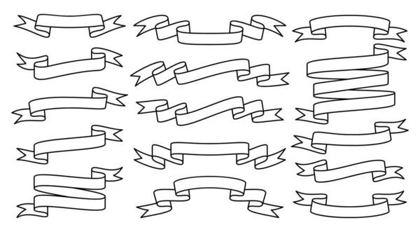 リボンリニアバナーセット シンプルなモダンなリボンコレクション ヴィンテージグラフィック空白のテープ ヘッダーテキストのテンプレート 見出しやタイトルの装飾 バッジのエンブレムフレーム エレガントなレトロ渦巻くストライプ — ストックベクタ