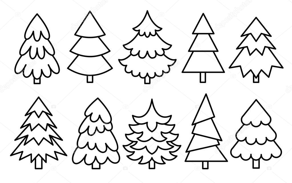 Christmas tree black outline set. Coloring book page evergreen coniferous forest. Sketch pine, doodle spruce, linear fir icon isolated on white. Cartoon xmas symbol. Winter holiday line decoration