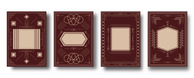 Klasik defter kapağı seti. Yıllık not defteri, broşür, defter, günlük için kopyalama alanı olan altın oyma şablonu. Dergi kapakları için sanat deco grafik baskısı, broşür günlük kartları