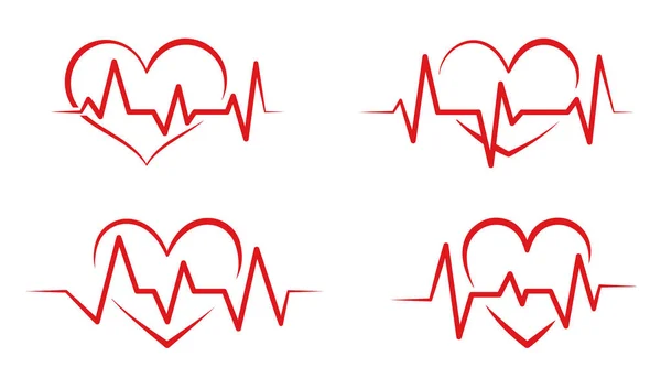 Corazón Rojo Pulso Plano Conjunto Iconos Cardiografía Vida Cardiaca Signo — Archivo Imágenes Vectoriales