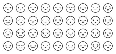 Emoji siyah çizgi simgesi setiyle karşı karşıya. Çizgi film simgeleri farklı duygulara sahip daire çizer. Komik duygusal yüz ifadeleri. Neşeli mutlu gülüş, kızgın üzgün ağlama, aşk öpücüğü gülüşü, neşeli ifadeler.