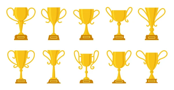 Gouden Beker Platte Set Kampioen Gouden Prijs Verschillende Vorm Winnaar — Stockvector