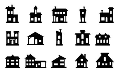Evler dış görünüş düz simge seti. İkametgah binası dairesi. Kapıları ve pencereleri olan ev cephesi. Kenar mahallelerin çeşitli şekilleri var. Beyaz üzerine siyah siluet.