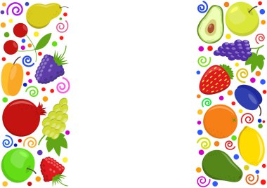 Meyve üzümleri uzay çerçevesini kopyalıyor. Taze ahududulu böğürtlen, böğürtlen, çiğ üzümü limonlu şeftalili, kayısı, elma armudu, portakallı avokado. Sağlıklı besin düzlüğü simgeleri sınırı