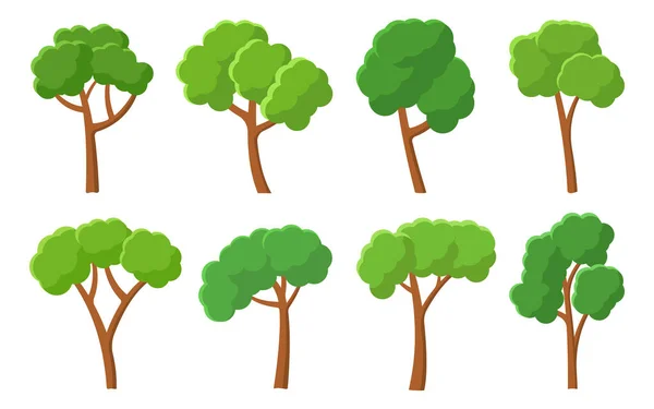 Árboles Verdes Conjunto Iconos Planos Bosque Follaje Paisaje Floral Elemento — Vector de stock